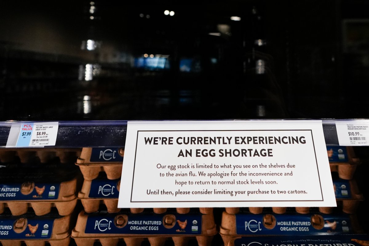 A sign asks customers to consider limiting their purchases of eggs at a PCC Community Markets grocery store due to shortages caused by avian flu, Monday, Jan. 27, 2025, in Seattle.