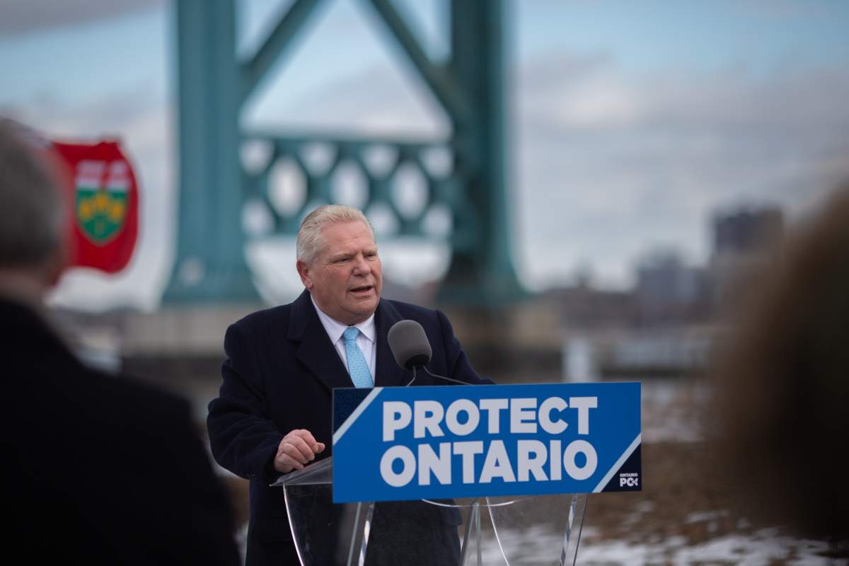 Ontario Conservative Leader Doug Ford speaks during his campaign launch next to the Ambassador Bridge in Windsor, Ont., Wednesday, Jan. 29, 2025.