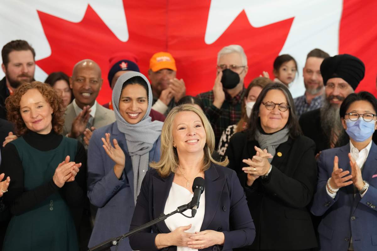 Ontario NDP Leader Marit Stiles stands with candidates as shelaunches her election campaign, in Toronto, Wednesday, Jan. 29, 2025.
