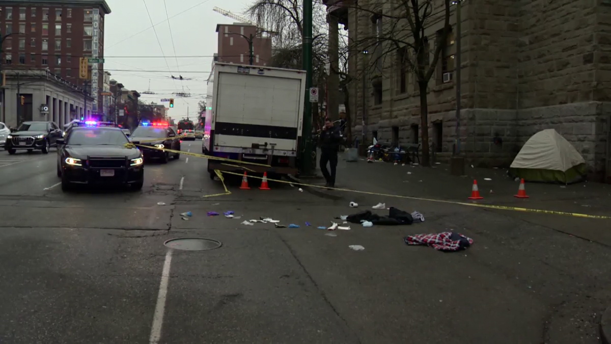 Police at the scene of a shooting in Vancouver's Downtown Eastside on Thursday, Jan. 30, 2025. 