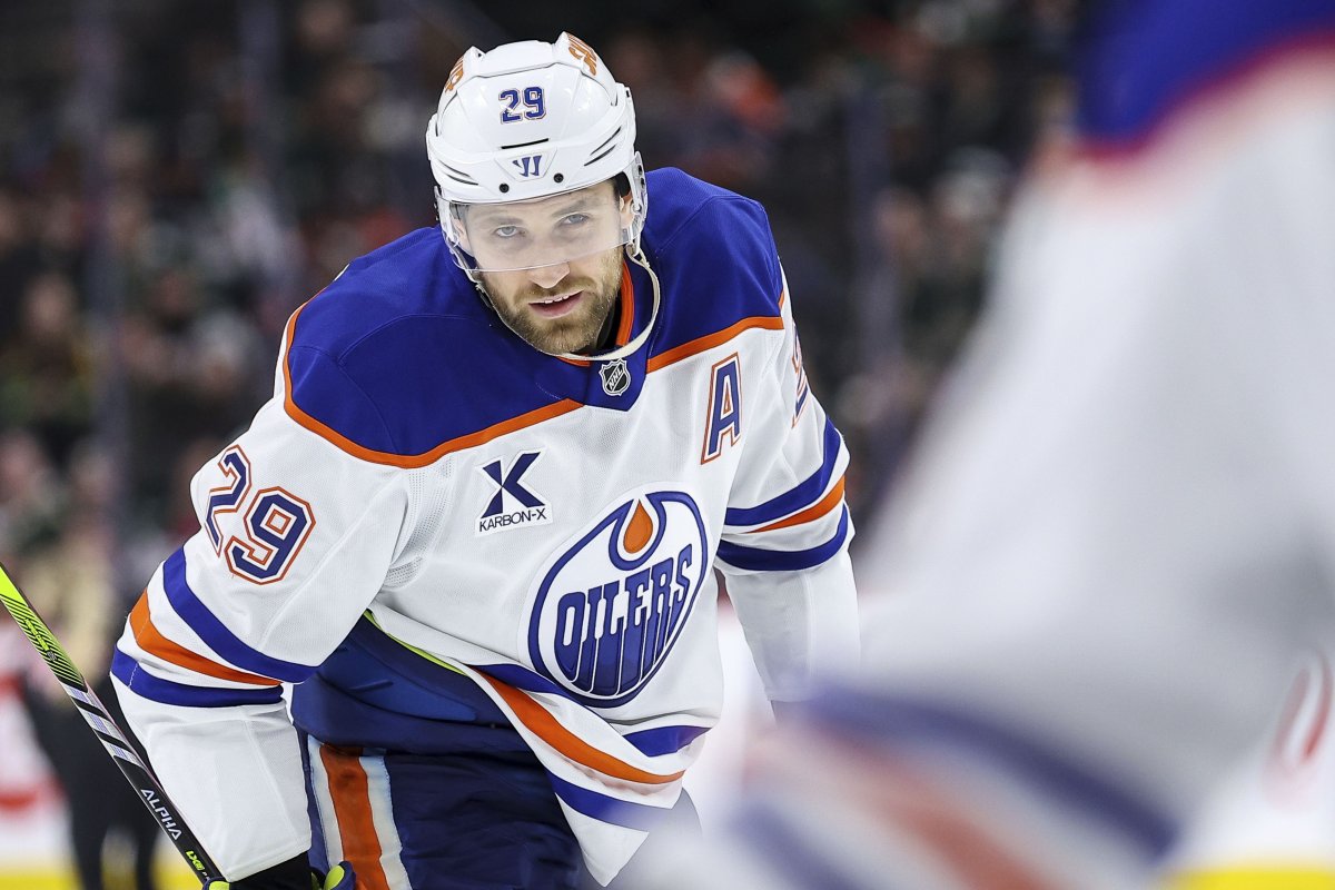 Edmonton Oilers centre Leon Draisaitl (29) looks on during the third period of an NHL hockey game against the Minnesota Wild Thursday, Dec. 12, 2024, in St. Paul, Minn.