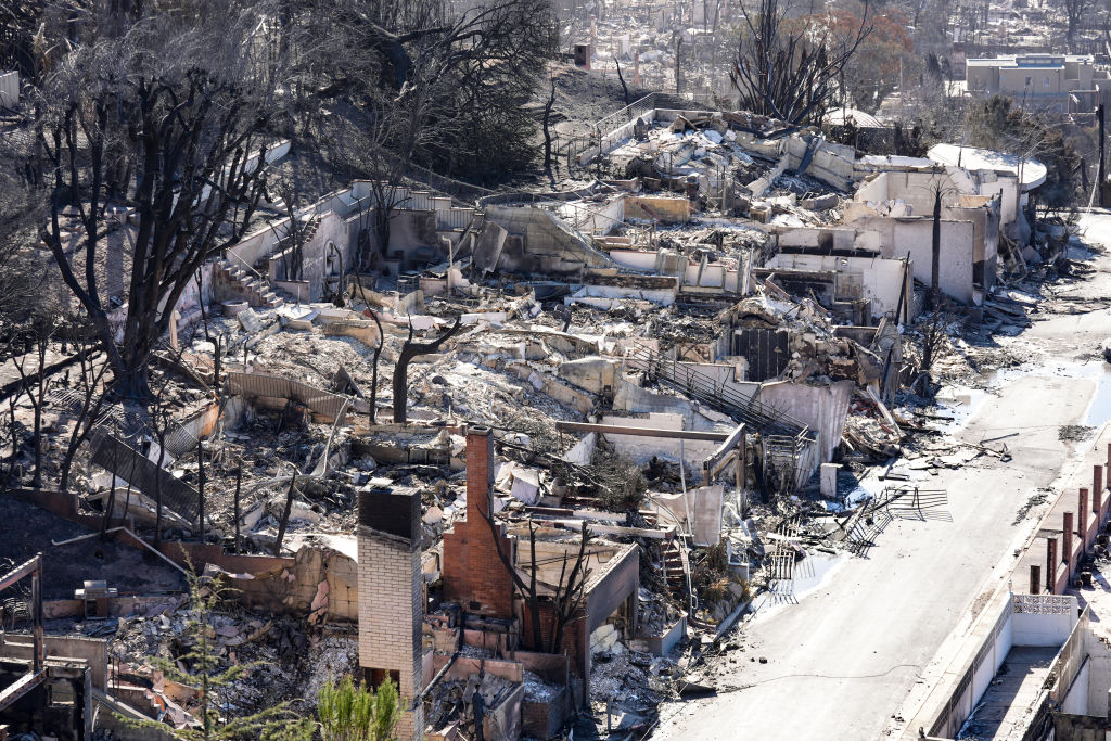 A general view of the burned residential areas as wildfires continue to wreak havoc, reaching their fifth day and leaving extensive damage in residential areas in Los Angeles, Calif., on January 12, 2025.