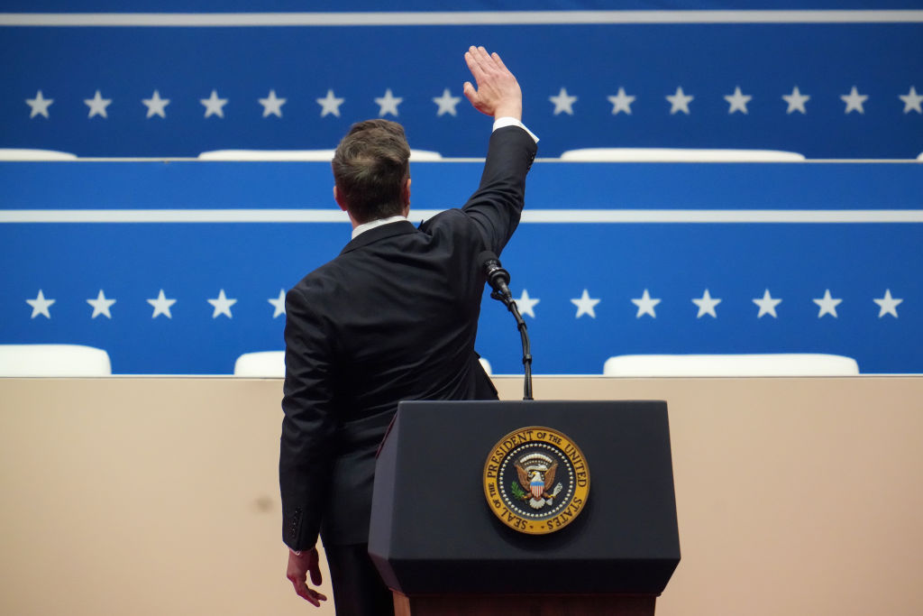 Tesla, SpaceX and X CEO Elon Musk gestures while speaking during an inauguration event at Capital One Arena on January 20, 2025 in Washington, DC. Donald Trump takes office for his second term as the 47th president of the United States.