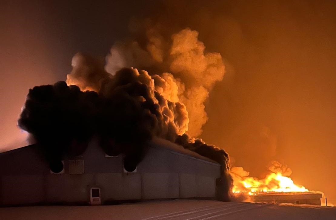 A fire destroyed the hog barn and killed thousands of pigs inside it at the White Lake Colony in southern Alberta on Thursday, Jan. 2, 2024.