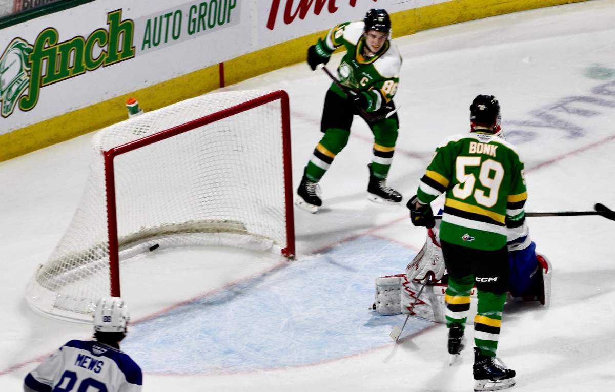Denver Barkey scores a power play goal for the London Knights in the second period of a game against the Sudbury Wolves at Canada Life Place on Jan. 19, 2025.