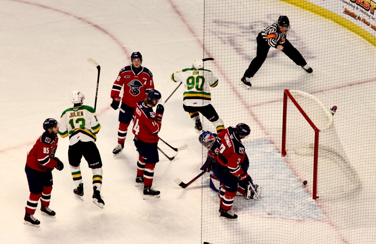 Landon Sim of the London Knights celebrates a goal against the Kitchener Rangers on Jan. 21, 2025 at the Kitchener Memorial Auditorium.