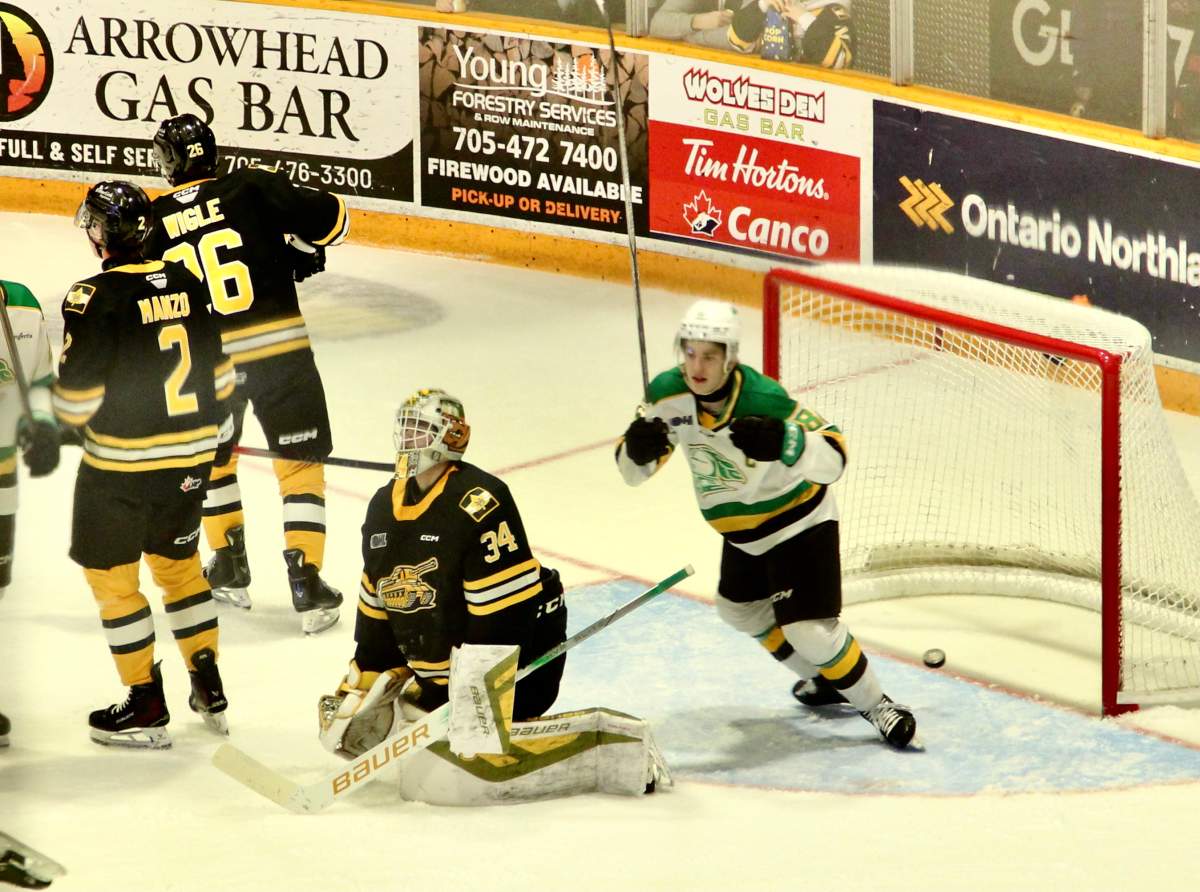 London Knights captain Denver Barkey celebrates a goal by Henry Brzustewicz in the first period of a game between London and the North Bay Battalion on Jan. 23, 2025.