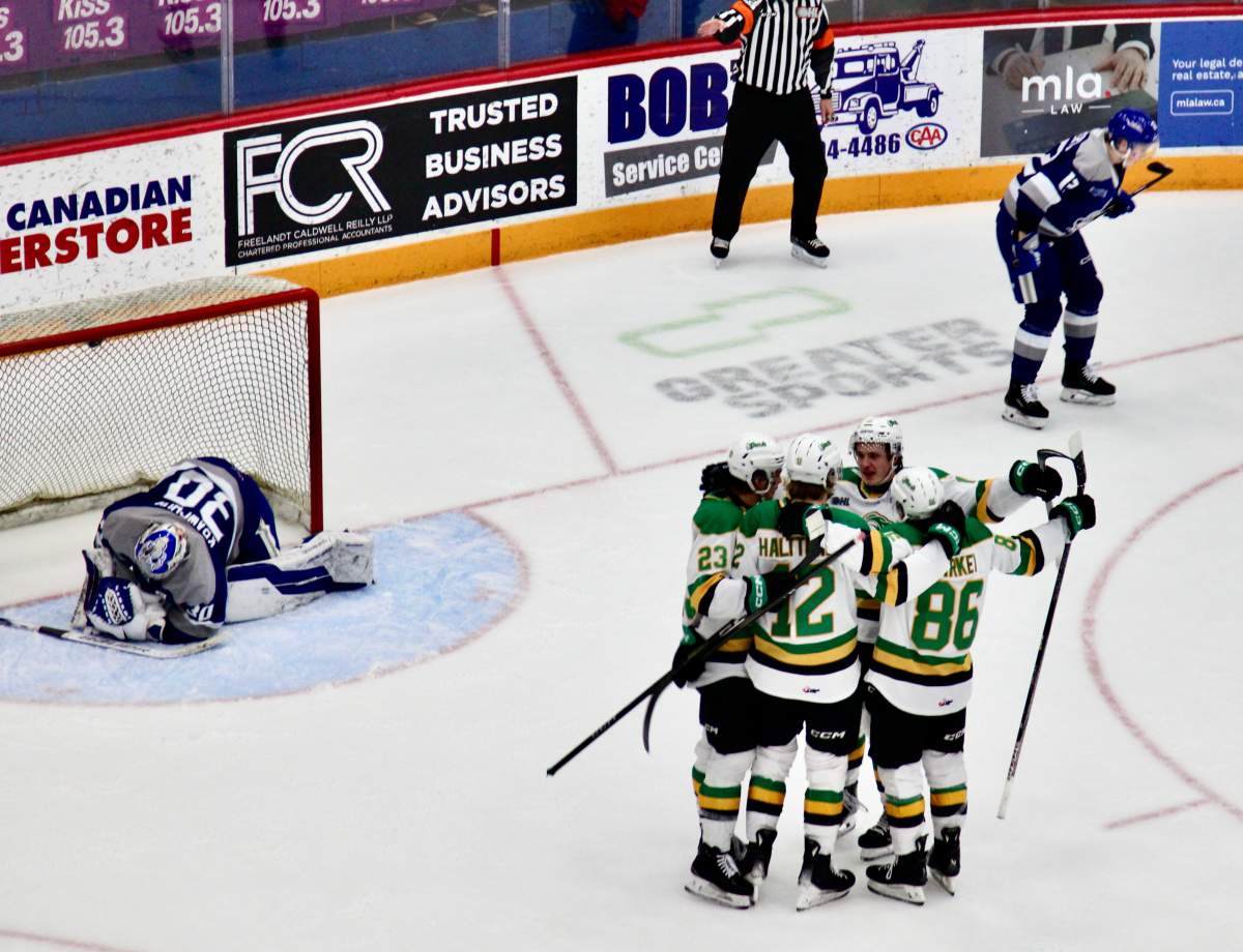 Kasper Halttunen of the London Knights scores to give the Knights the lead in a game against the Sudbury Wolves at the Sudbury Arena on Jan. 24, 2025.