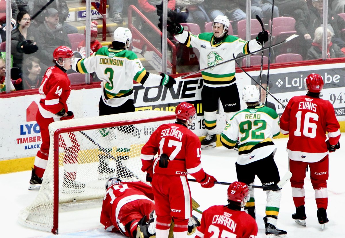 The London Knights celebrate Evan Van Gorp's goal in the second period of a game against the Greyhounds in Sault Ste. Marie on Jan. 26, 2025.