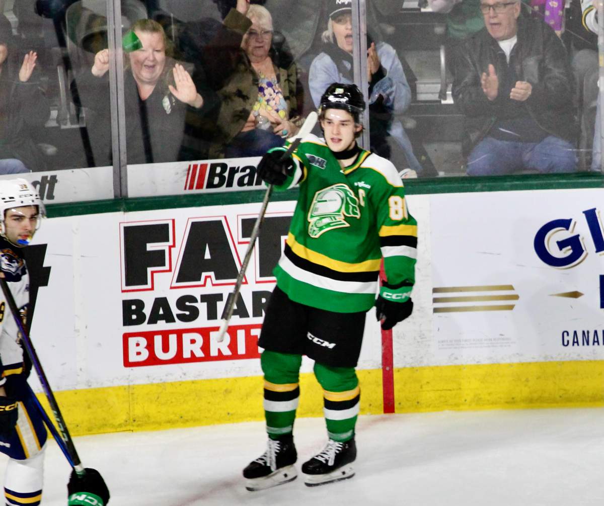 London Knights captain Denver Barkey celebrates a second period goal in a game between London and the Erie Otters on Jan. 31, 2025.