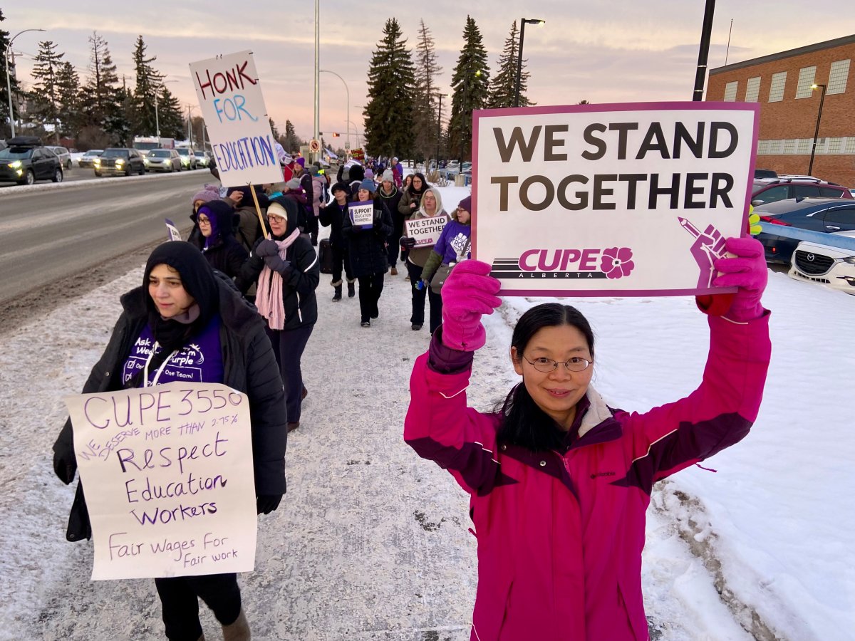 Edmonton Public Schools support workers on strike outside Ross Shepard High School on Monday, Jan. 13, 2025.