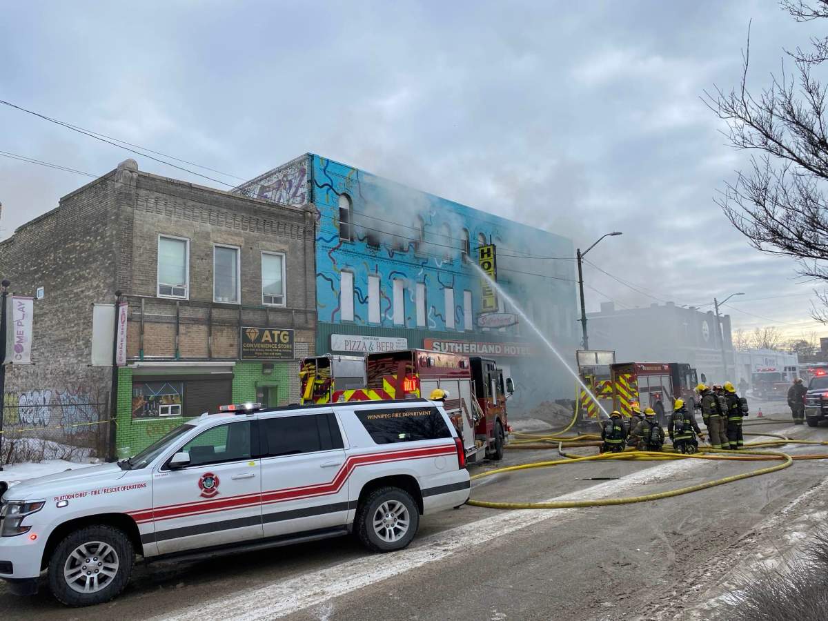 Firefighters tackle a blaze at the Sutherland Hotel on Main Street on Jan. 16, 2025.