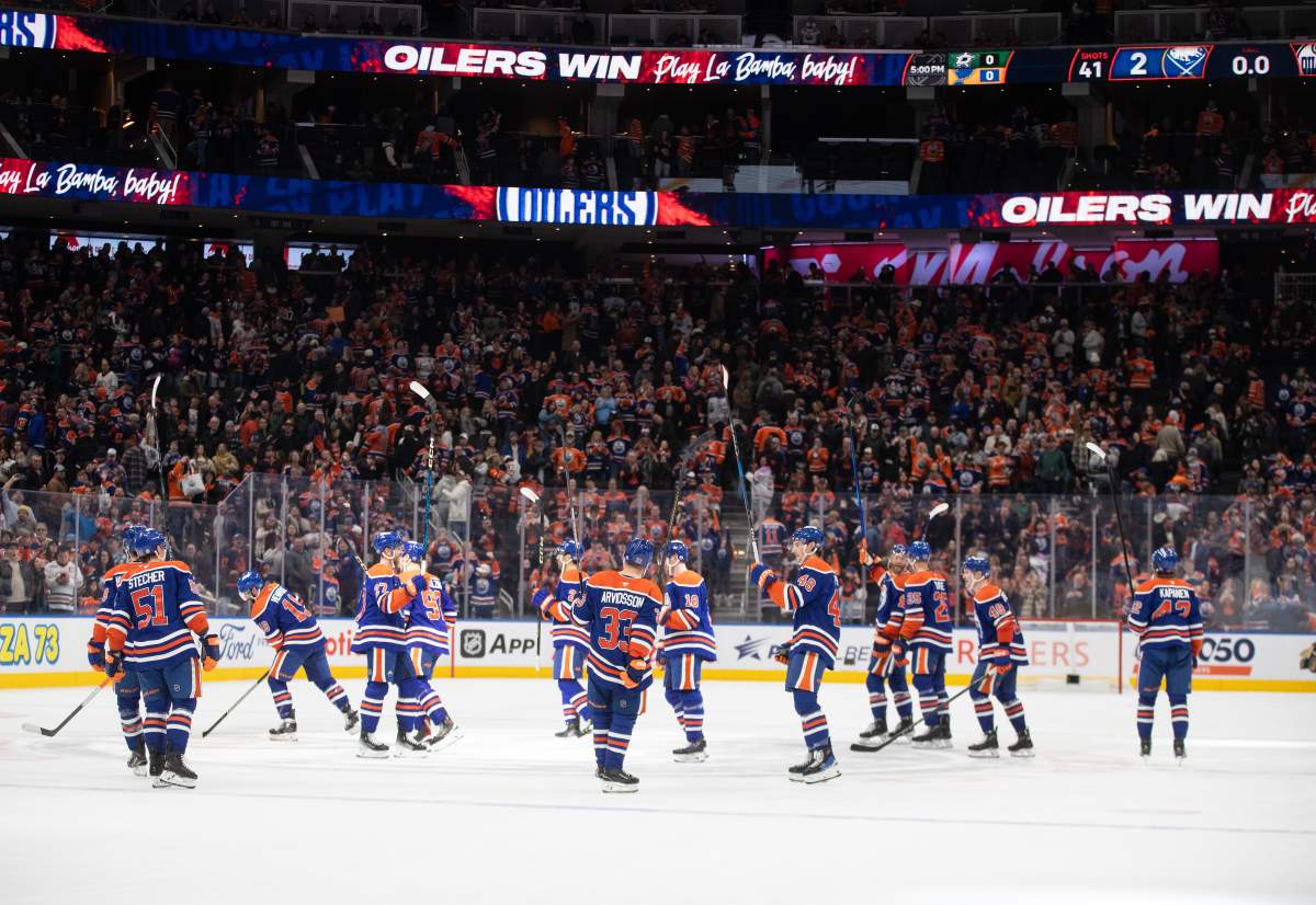 Edmonton Oilers players celebrate the win over the Buffalo Sabres during NHL action in Edmonton on Saturday, January 25, 2025.