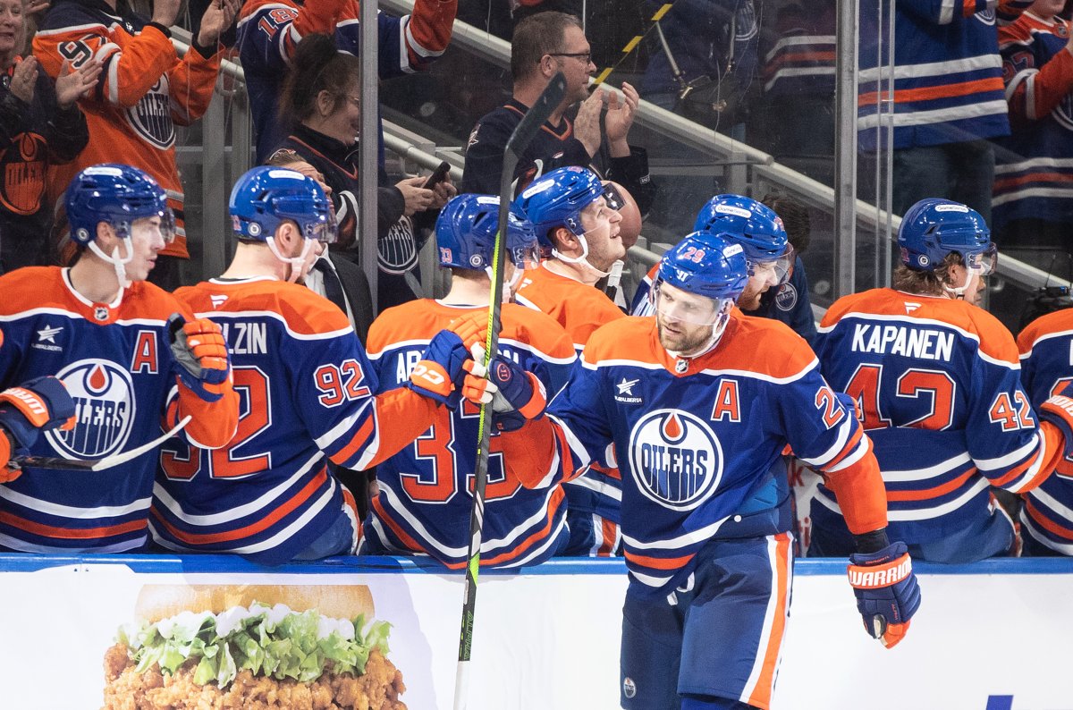 Edmonton Oilers' Leon Draisaitl (29) celebrates a goal against the Anaheim Ducks during third period NHL action in Edmonton on Friday, January 3, 2025.