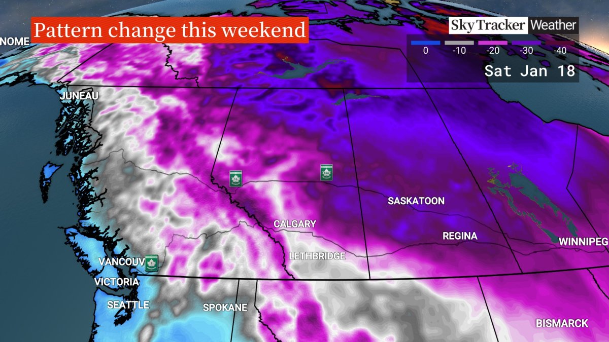 The arrival of an arctic cold front means some parts of Alberta could see a temperature drop of 30 to 40 degrees by Sunday.