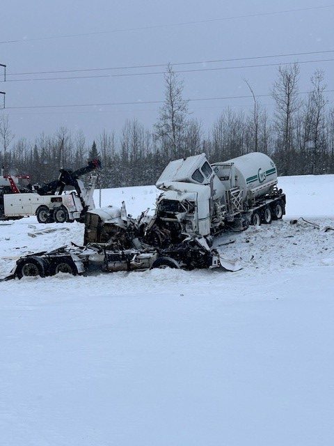 A large collision on Highway 43 between Whitecourt and Fox Creek in western Alberta on Thursday, January 30, 2025.