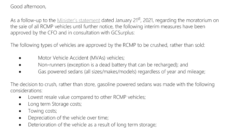 Access to information requests show Public Safety Canada’s 2021 moratorium on auctioning RCMP vehicles sent thousands to the scrap heap while taxpayers foot the bill to store the rest in lots across Canada.