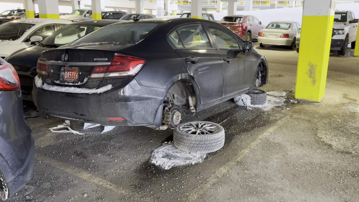Lovleen Singh's wheels were stolen from her Honda Civic car when it was parked on the west side of the West Edmonton Mall parkade on Saturday, Jan. 18, 2025.
