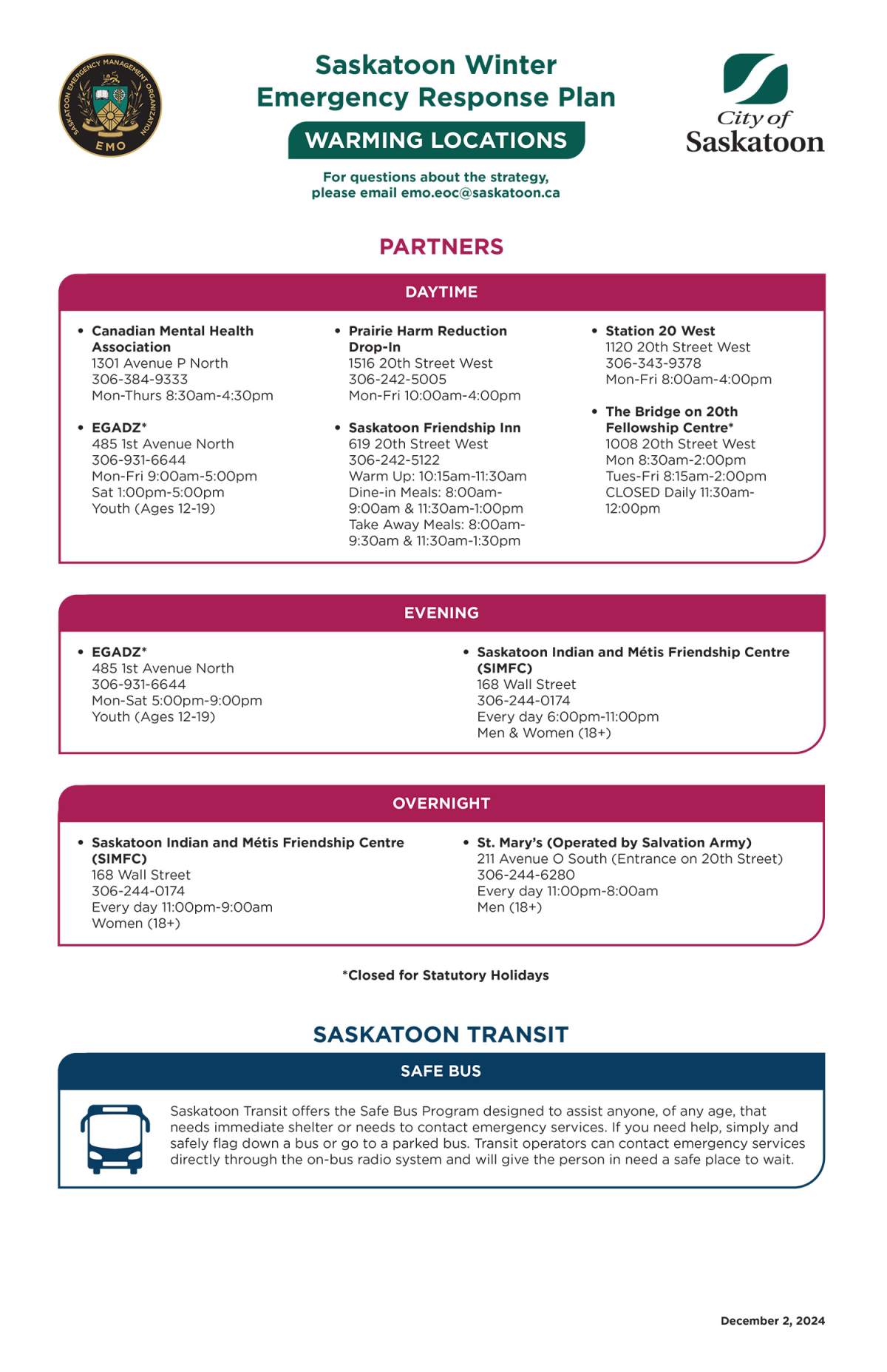 A list of warm-up locations in Saskatoon.