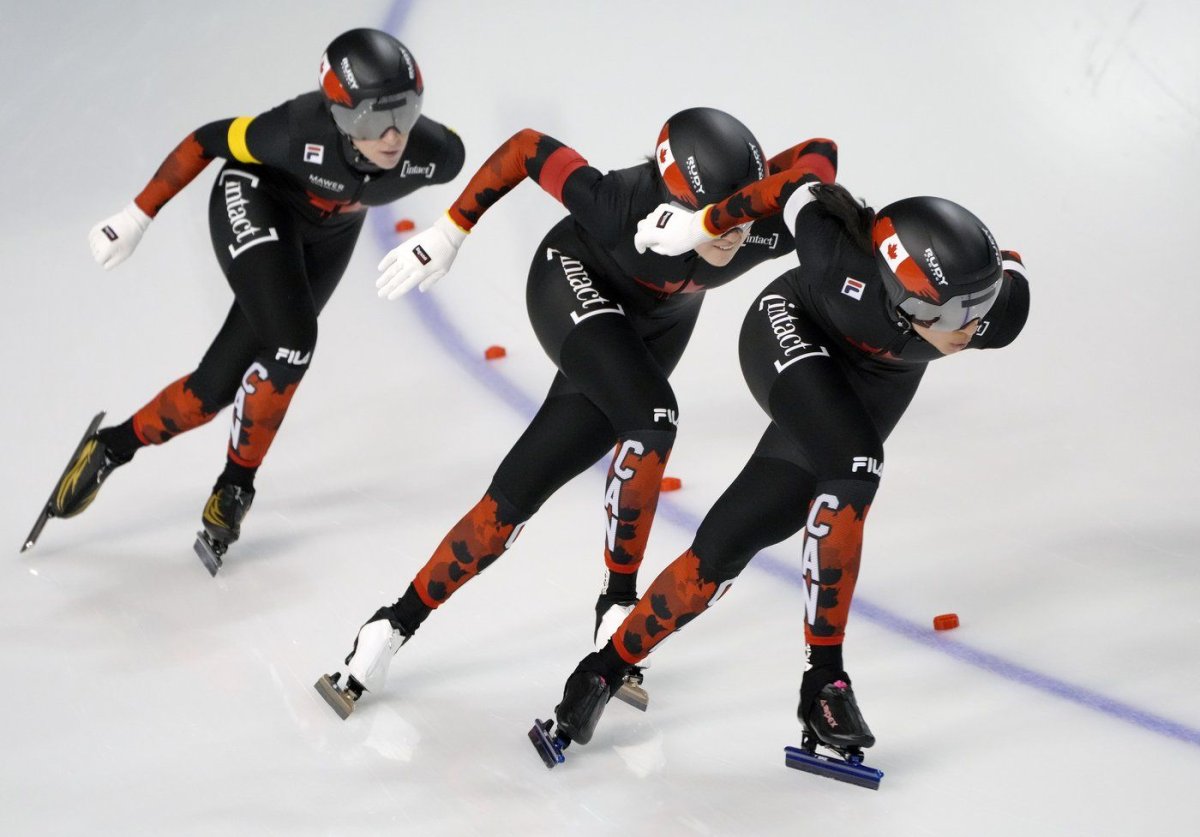 Canadian speedskaters Ivanie Blondin (L-R) Beatrice Lamarche and Carolina Hiller race in the women's team sprint event at the ISU World Cup speedskating in Calgary, Alta., Sunday, Jan. 26, 2025.