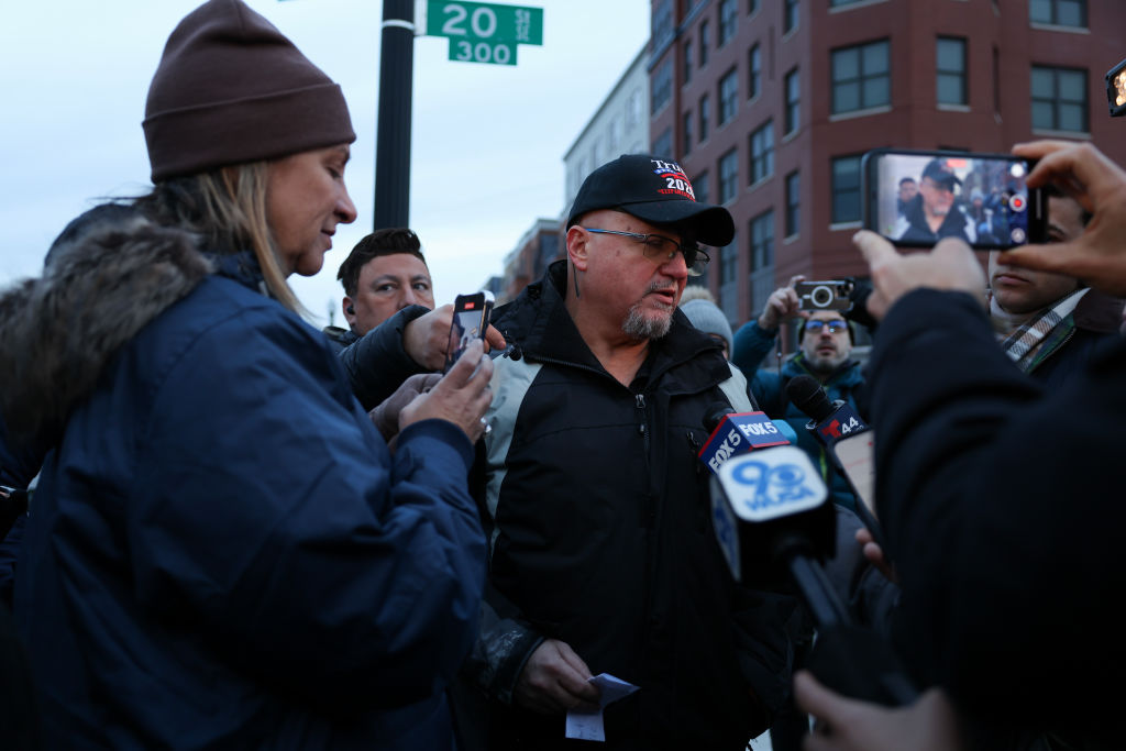 Stewart Rhodes speaks with press after being released last night after spending the past 3 years in Cumberland, Maryland at the Federal Correctional Institution on January 21, 2025 in Washington, DC.