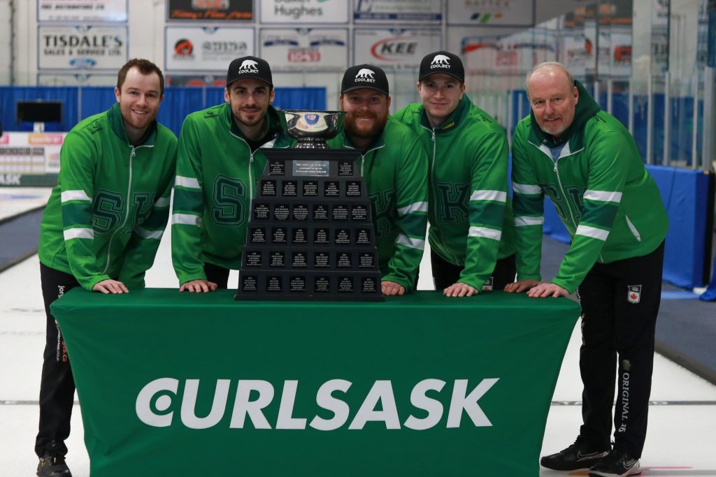 Saskatoon’s Team Kleiter celebrating their SaskTel Tankard victory over Team Laycock at the West Central Events Centre in Kindersley on January 26, 2025