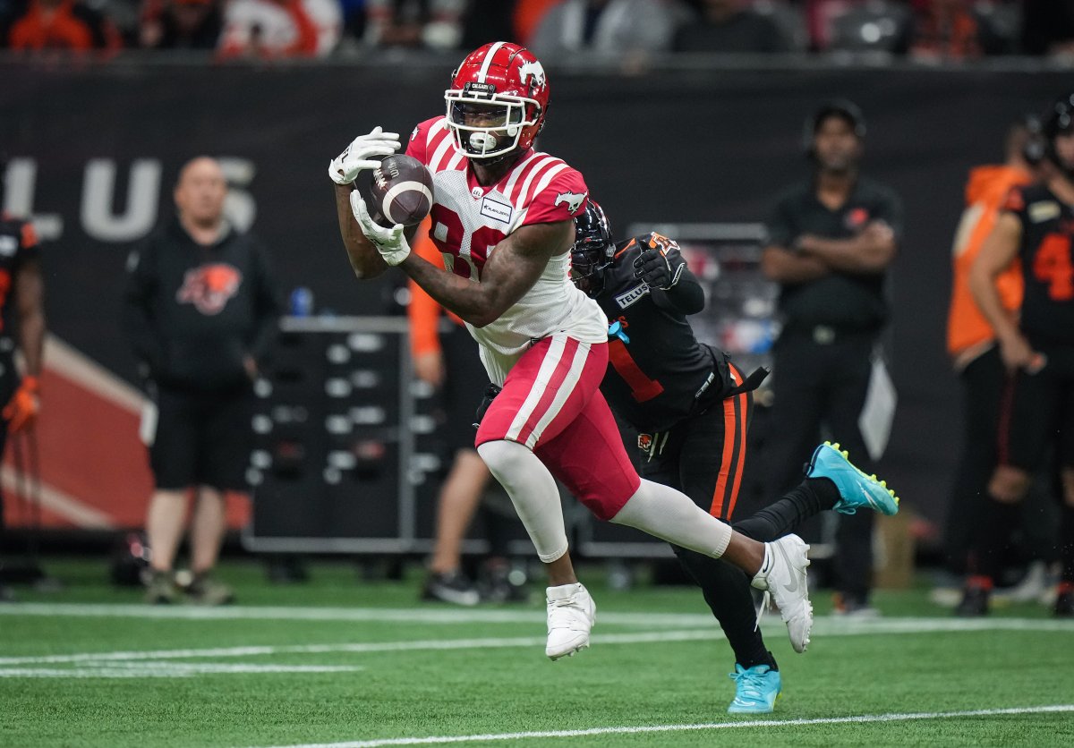 New Elks receiver Tre Odoms-Dukes catches a pass while playing for the Calgary Stampeders.