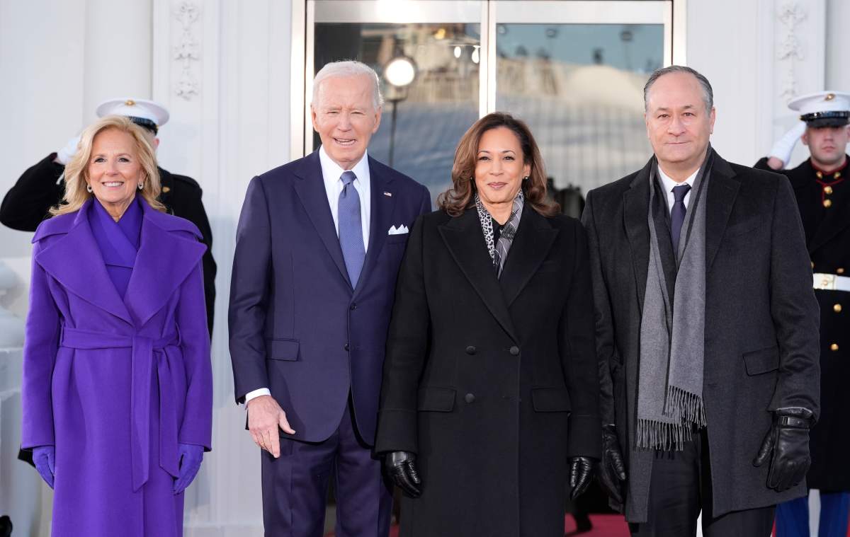 President Joe Biden and first lady Jill Biden greet Vice President Kamala Harris and second gentleman Doug Emhoff upon their arrival at the White House, Monday, Jan. 20, 2025, in Washington.