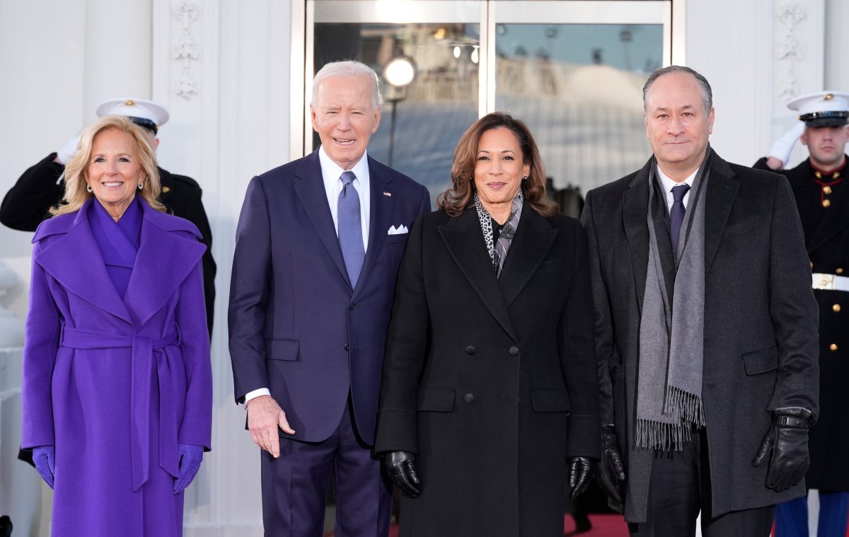 President Joe Biden and first lady Jill Biden greet Vice President Kamala Harris and second gentleman Doug Emhoff upon their arrival at the White House, Monday, Jan. 20, 2025, in Washington.
