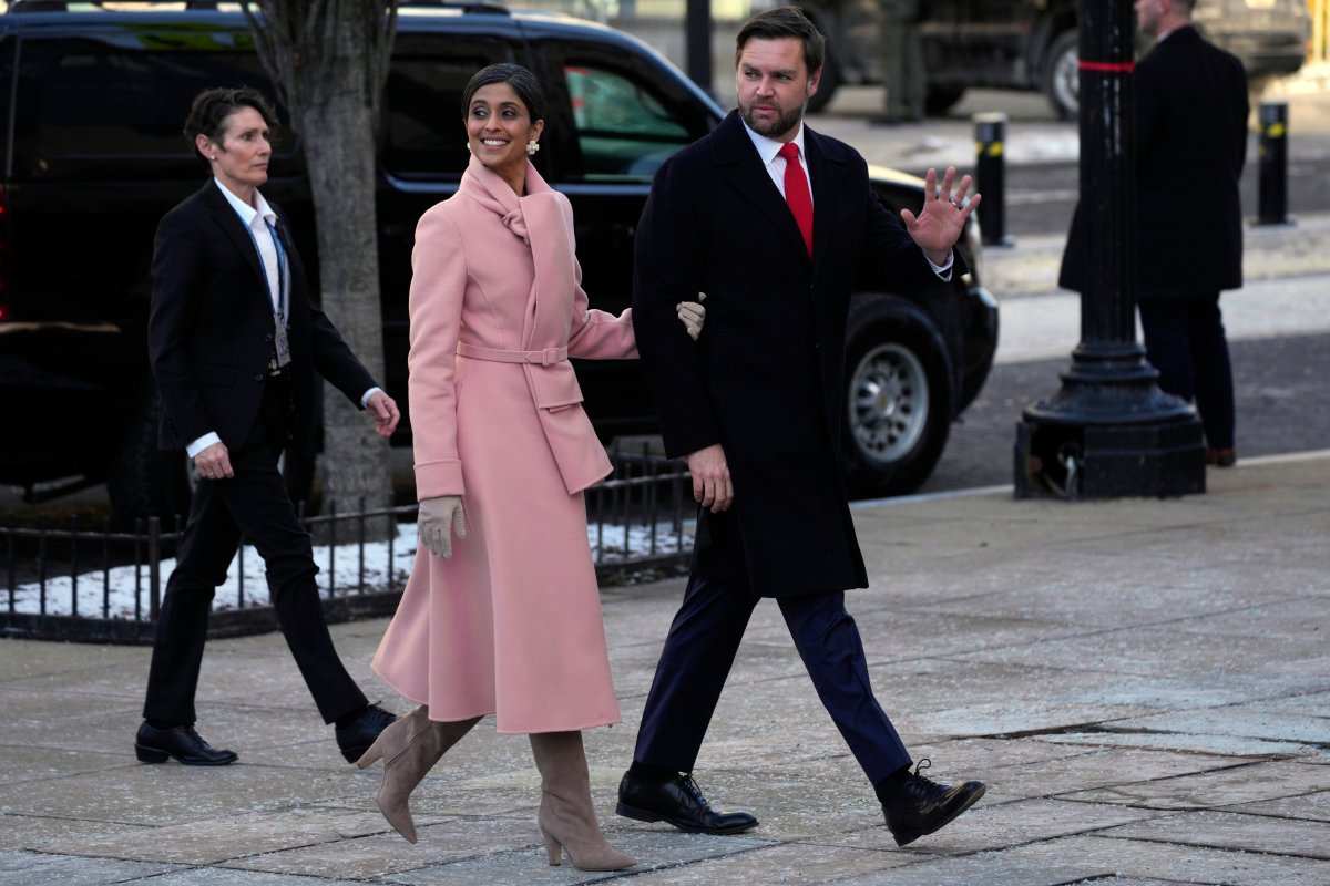 Vice President-elect JD Vance and his wife, Usha Vance arrive for a church service to be attended by President-elect Donald Trump and his wife Melania at St. John's Episcopal Church across from the White House in Washington, Monday, Jan. 20, 2025, on Donald Trump's inauguration day.