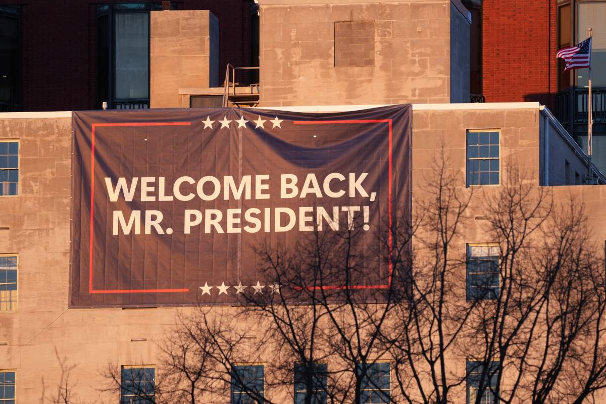 A sign is seen near St. John's Episcopal Church across from the White House in Washington, Monday, Jan. 20, 2025, where President-elect Donald Trump and his wife Melania will attend an early morning service to start Trump's inauguration day.