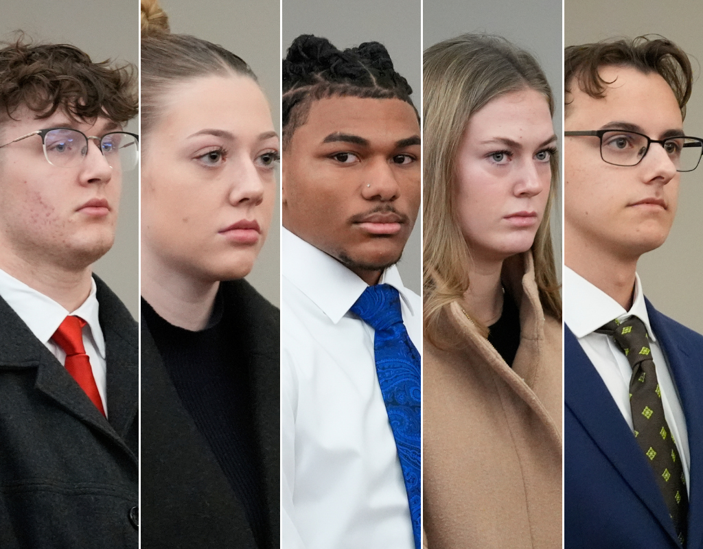 (L- R) Easton Randall, Kelsy Brainard, Joaquin Smith, Isabella Trudeau and Kevin Carroll appear in court. They made their first appearances on conspiracy and kidnapping charges.