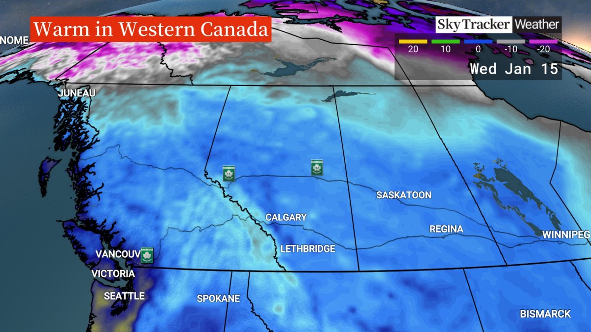 While western Canada has enjoyed unseasonably warm temperatures in recent weeks, an arctic cold front is forecast to descend on the prairie provinces starting Thursday, bringing with it the coldest weather of the winter so far.