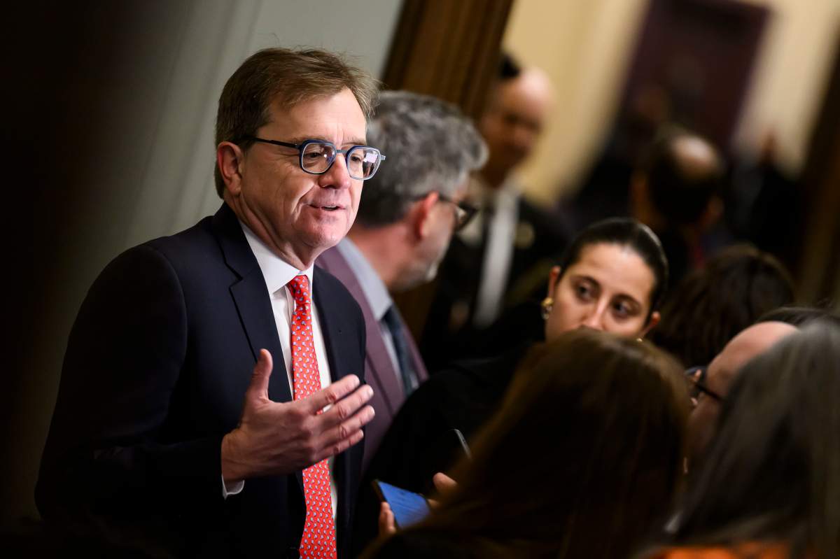 Minister of Energy and Natural Resources Jonathan Wilkinson speaks with journalists before a Liberal Party caucus meeting in West Block on Parliament Hill, in Ottawa, Wednesday, Jan. 8, 2025. THE CANADIAN PRESS/Justin Tang