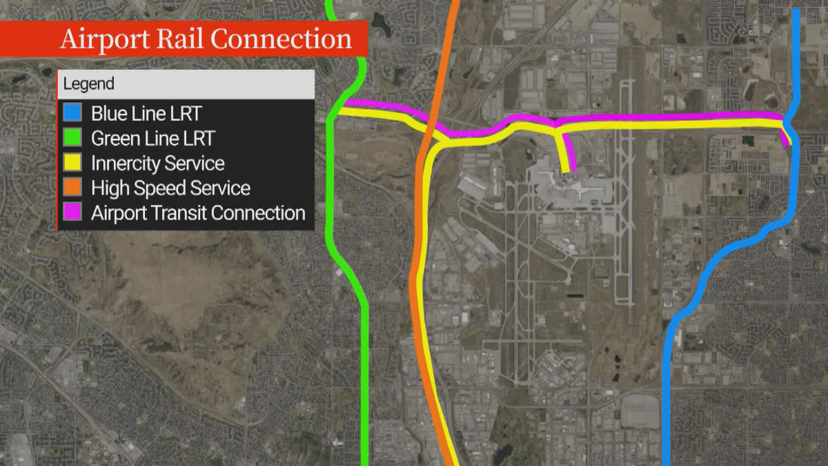 A map showing how a proposed rail connector at Calgary’s International Airport would integrate with other rail projects.