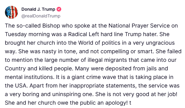 A post bout Right Rev. Mariann Edgar Budde's sermon, posted by President Donald Trump on his Truth Social platform. 