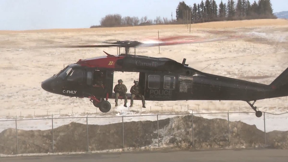 A newly acquired RCMP Black Hawk helicopter patrols the Canada-U.S. border between Sweetgrass, Montana and Coutts, Alberta.