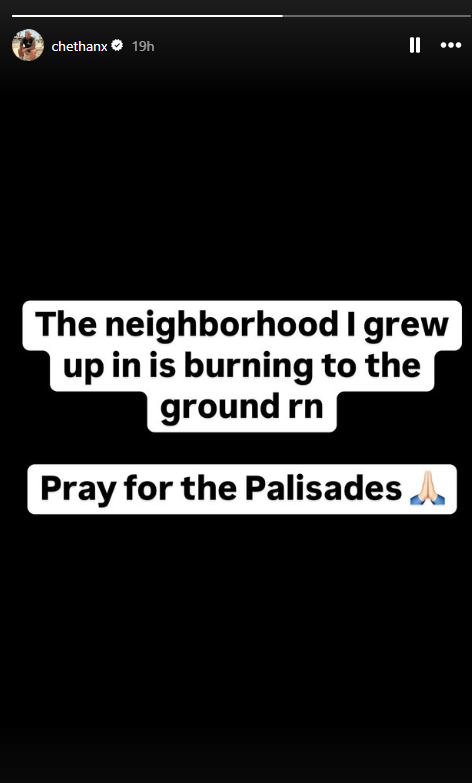 Chet Hanks asks his Instagram followers to pray for victims of the L.A. wildfires.