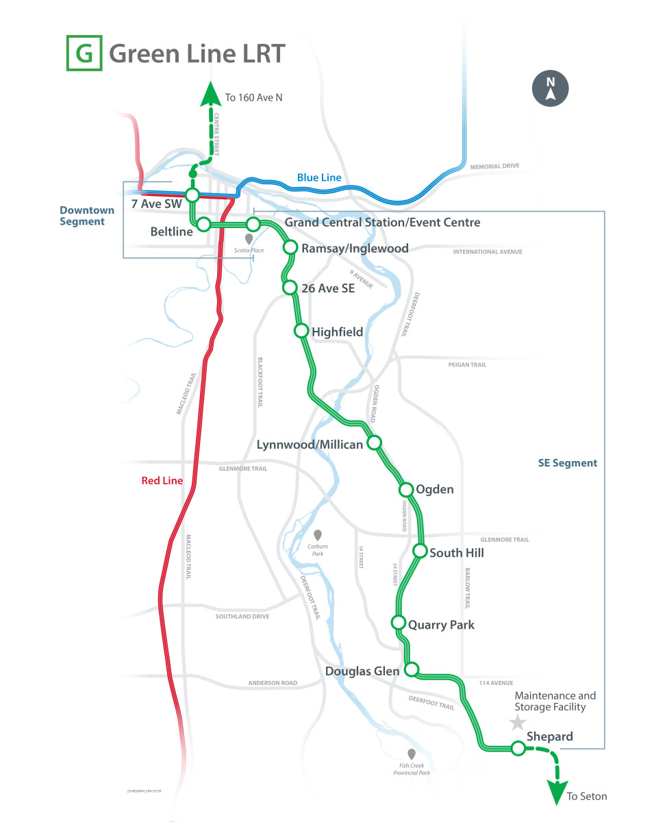 A map of the Green Line showing the southeast section that could begin construction in 2025, with a two-year functional study planned for the downtown segment.