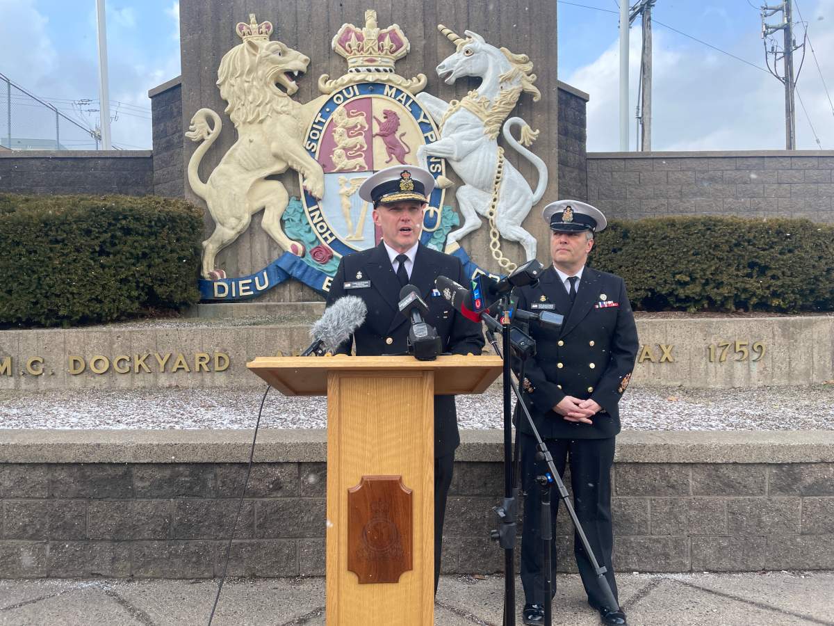 Commodore Jacob French, commander of the Canadian Fleet Atlantic, addresses the media on Jan. 27, 2025.