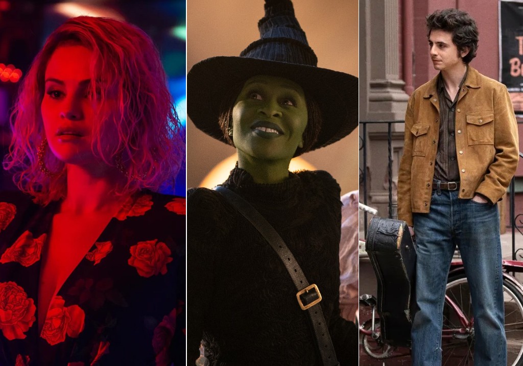 A tri-split image. On the left is Selena Gomez in 'Emilia Pérez.' In the middle is Cynthia Erivo in 'Wicked.' On the right is Timothée Chalamet in 'A Complete Unknown.'