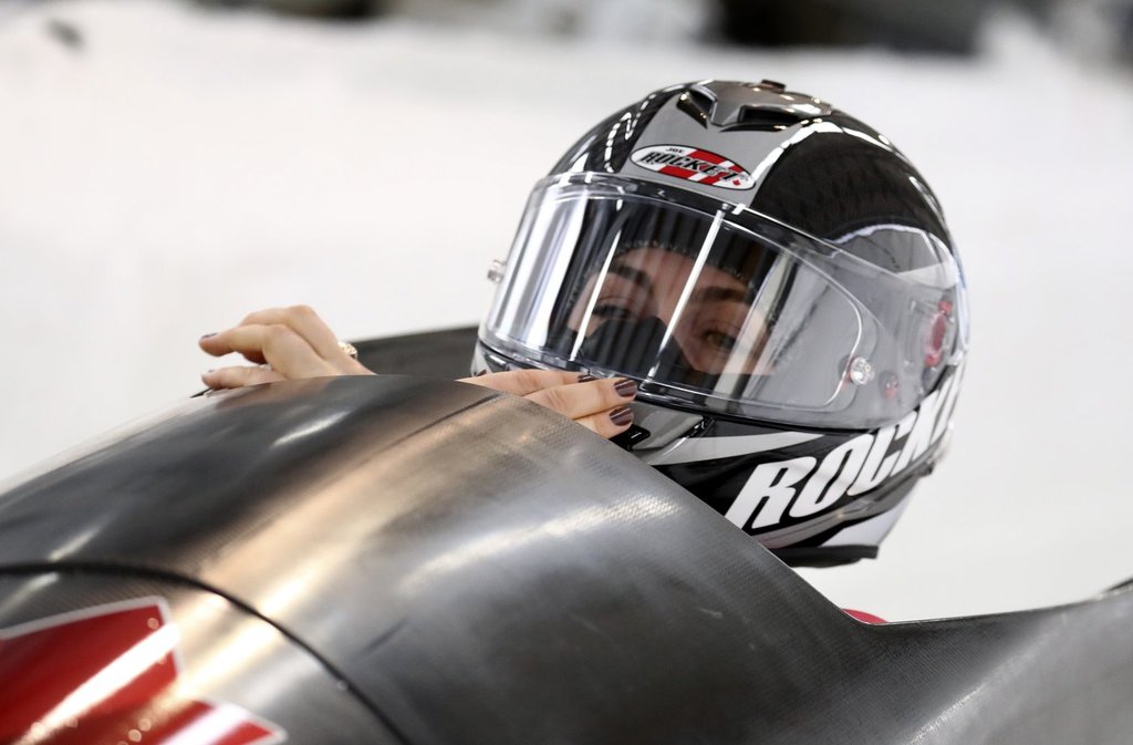 Canada's bobsleigh pilot Melissa Lotholz at the start of the women's monobob race at the Bobsleigh and Skeleton World Championships in Altenberg, Germany, Saturday, Feb.13, 2021.