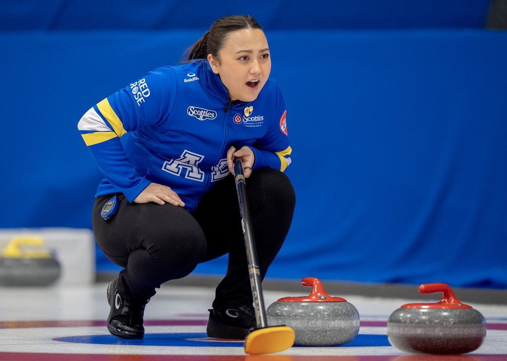 Alberta skip Kayla Skrlik calls a shot during Scotties Tournament of Hearts action against Team Canada in Thunder Bay, Ont. on Sunday, Feb. 16, 2025. Skrlik defeated Selena Sturmay 6-5 in a key matchup of Alberta-based rinks on Monday at the Scotties Tournament of Hearts.