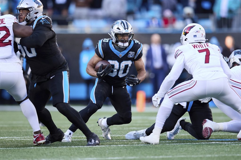 Carolina Panthers running back Chuba Hubbard (30) runs with the ball during an NFL football game against the Arizona Cardinals, Sunday, Dec. 22, 2024, in Charlotte, N.C.It was a breakout '24 NFL season for Hubbard but one the Canadian running back can rest his laurels upon.