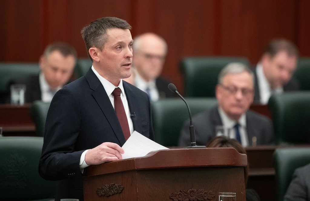 Alberta Finance Minister Nate Horner delivers the 2024 budget in Edmonton, Thursday, Feb. 29, 2024. The budget forecast an oil price of $68. per barrel this year, but on Monday the price plunged to near $57.