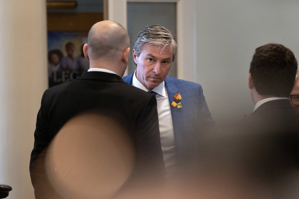 Nova Scotia Premier Tim Houston at Province House following the speech from the throne in Halifax on Feb. 14, 2025. THE CANADIAN PRESS/Darren Calabrese.