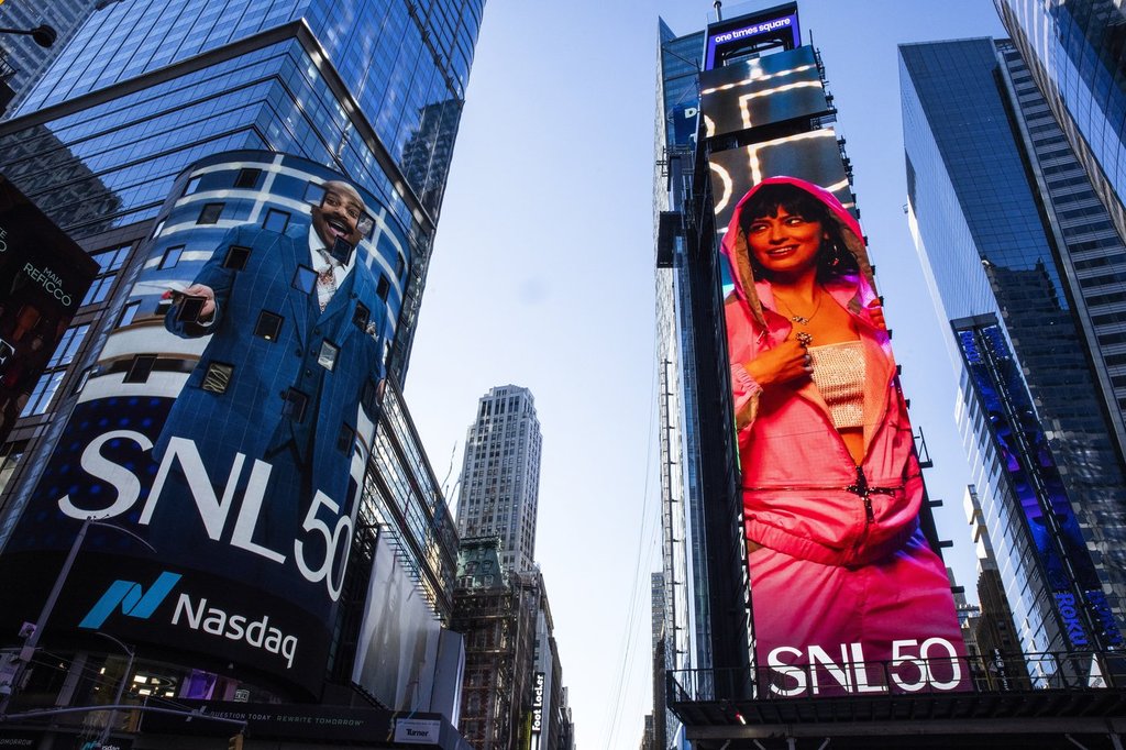 The SNL50 logo is seen outside the Nasdaq Marketplace in New York's Times Square, Friday, Feb. 14, 2025.