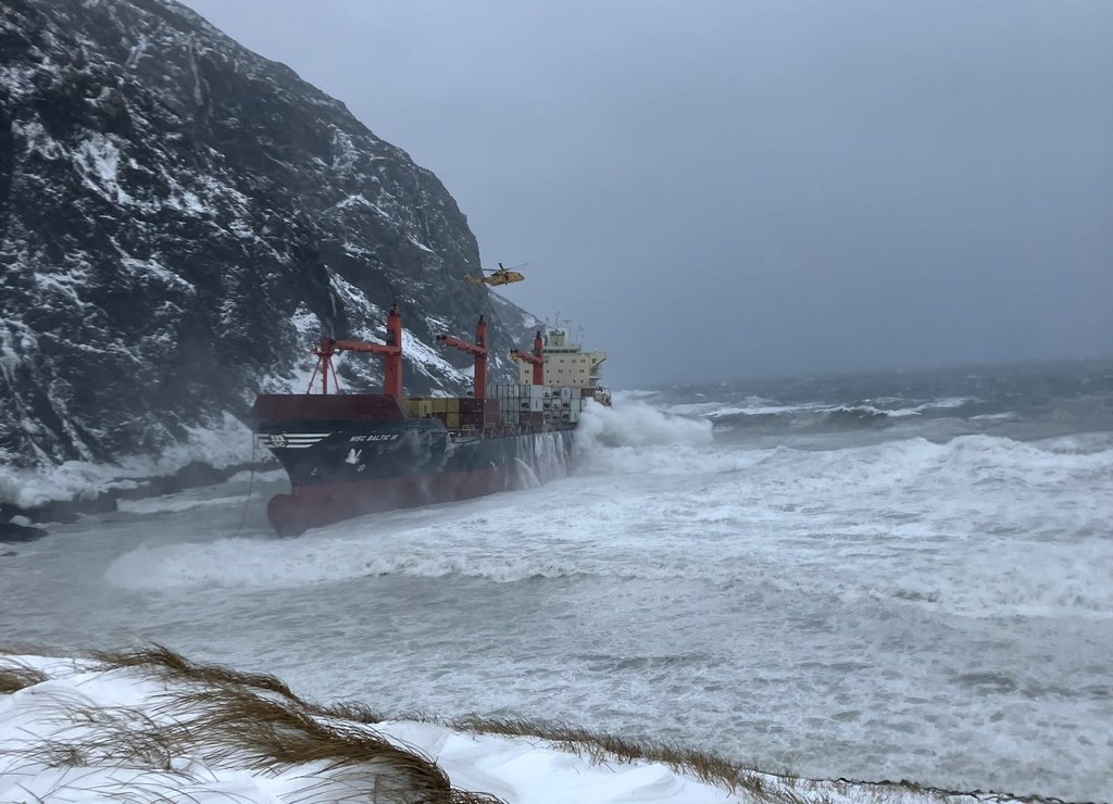 The Canadian Coast Guard says the cargo ship MSC Baltic III, as shown in this undated image, reported a loss of power then ran aground on the western coast of Newfoundland.  All 20 people on board the ship were safely airlifted from the vessel Saturday morning by a Cormorant helicopter. 