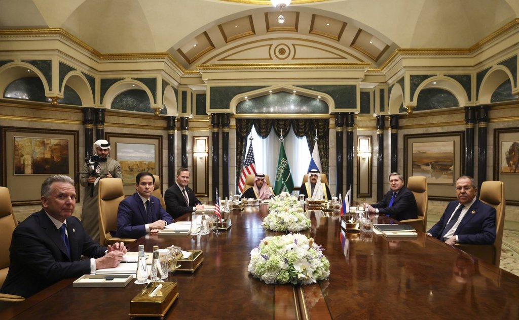 U.S. Secretary of State Marco Rubio, second left, meets with Saudi Foreign Minister Prince Faisal bin Farhan Al Saud, Saudi National Security Advisor Mosaad bin Mohammad Al-Aiban, U.S. National Security Advisor Mike Waltz, third left, U.S. Middle East envoy Steve Witkoff, left, Russian Foreign Minister Sergei Lavrov, right, and Russian President Vladimir Putin’s foreign policy advisor Yuri Ushakov, second right, at Diriyah Palace, in Riyadh, Saudi Arabia, on Feb. 18, 2025. (Evelyn Hockstein/Pool Photo via AP)