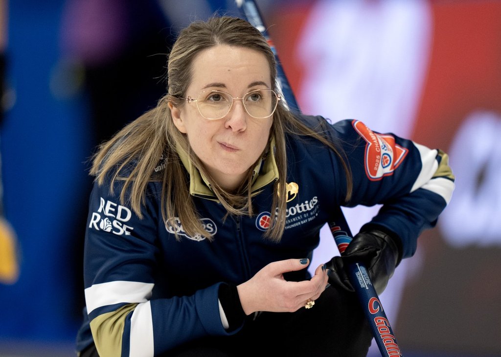 Nova Scotia skip Christina Black reacts to a shot in Scotties Tournament of Hearts action against Manitoba's Einarson in Thunder Bay, Ont., Wednesday, Feb. 19, 2025. THE CANADIAN PRESS/Frank Gunn.